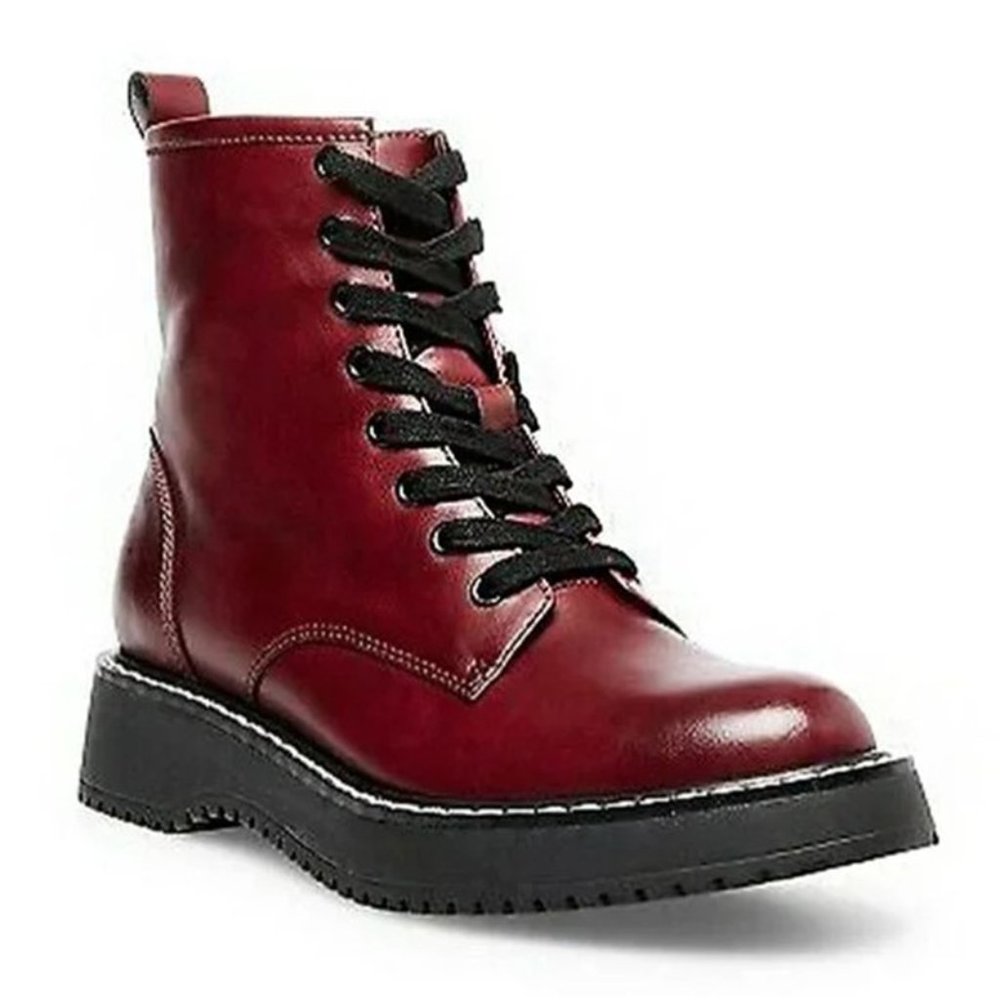 Madden Girl Kurrt Combat Boot Lace Up Side Zip Ankle Bootie Burgundy Paris